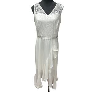 Women’s Floral Lace Dress Elegant V Neck Ruffle zip back White XL  Beach wedding